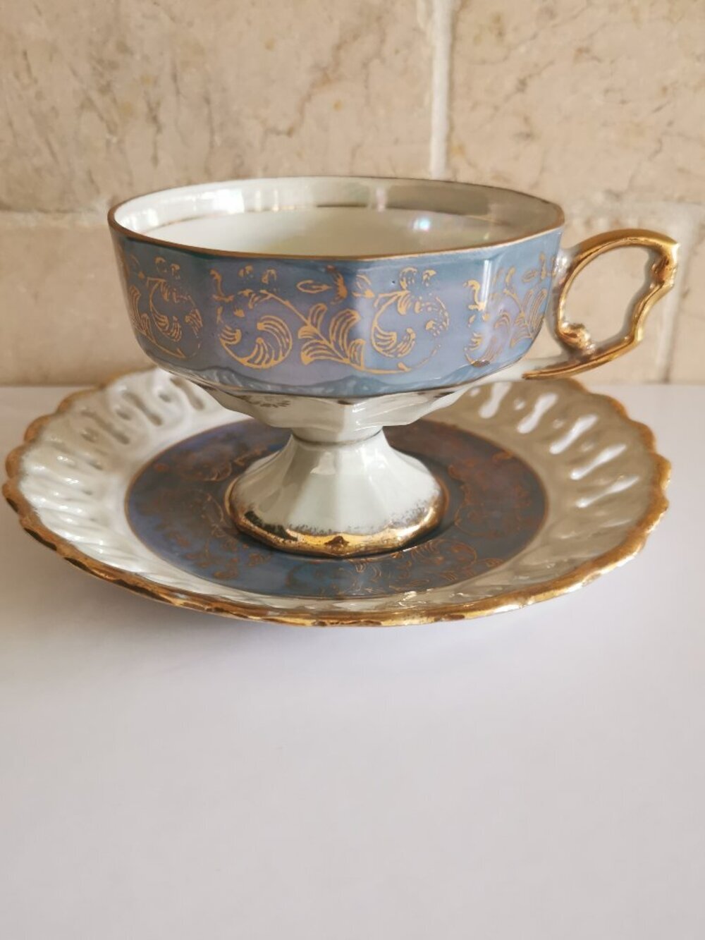 Iridescent Blue White Teacup with Saucer Cutouts Vintage Lustreware Scalloped